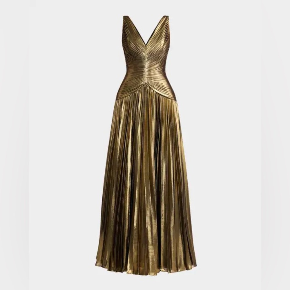 Zac Posen Metallic Gold Pleated V-Neck Evening Gown